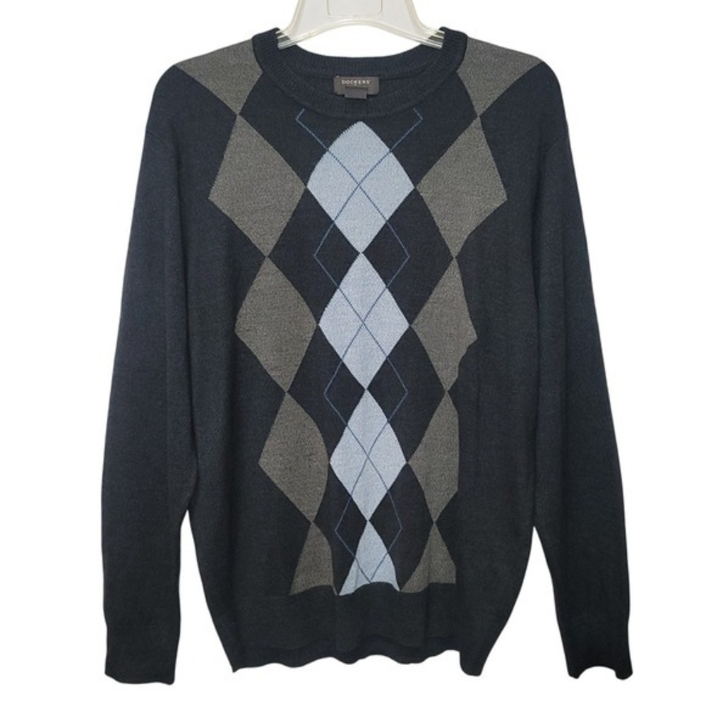 Dockers Men Argyle Crewneck‎ Sage Sweater XL Preppy Retro Old Money Smart Casual